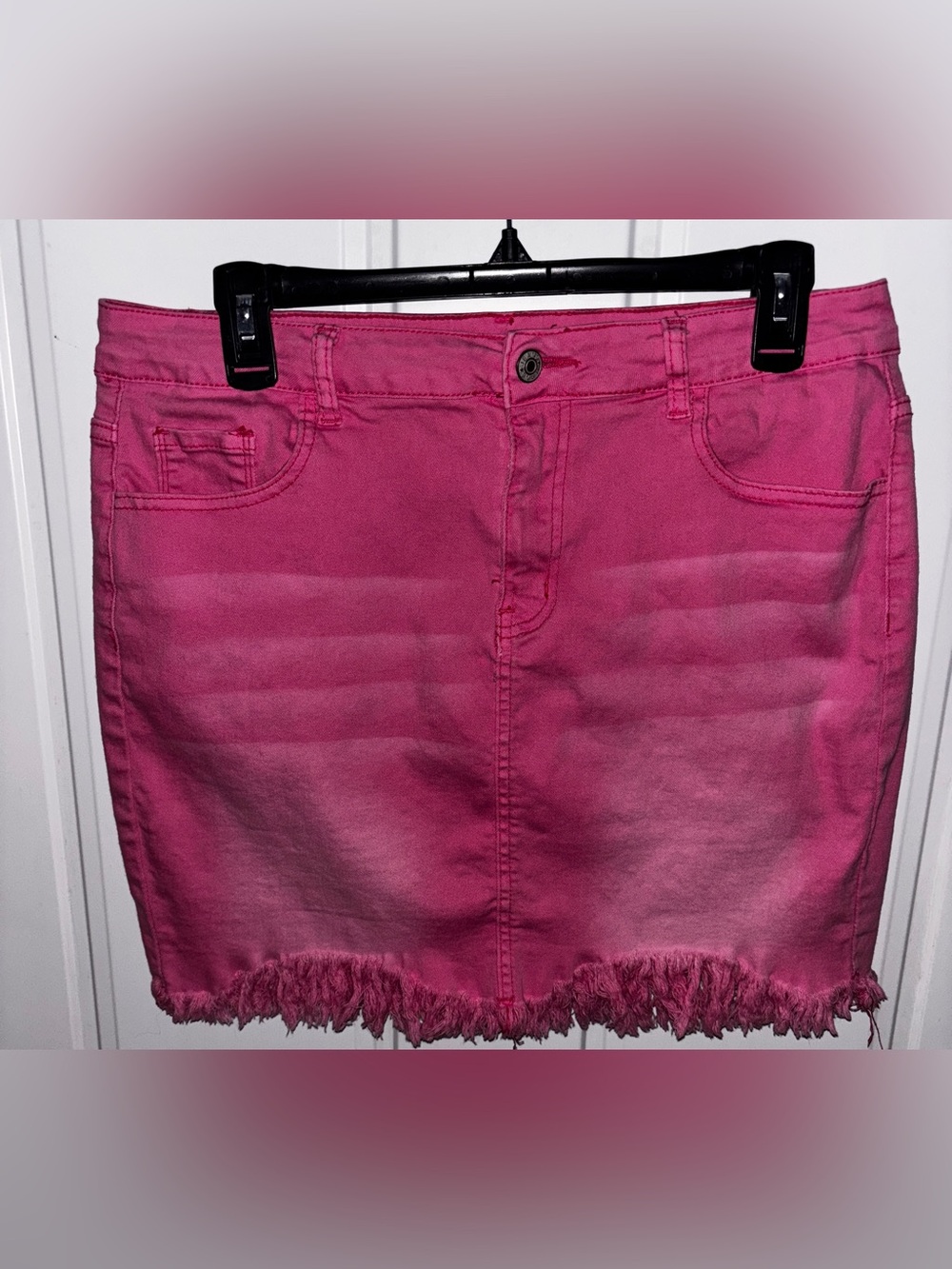 Luvamia XL Bright Pink Ombre Denim Mini Skirt with Frayed Hem